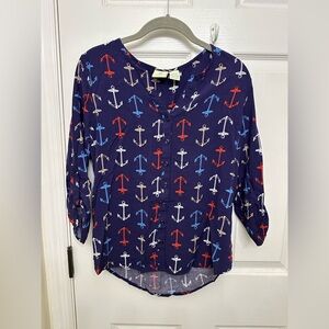 Caribbean Joe button down blouse anchor nautical print size large petite